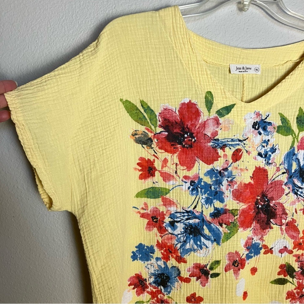 JESS & JANE Cotton Gauze Top XL Short Sleeve Floral Lagenlook Boho Spring Boho - Picture 3 of 10